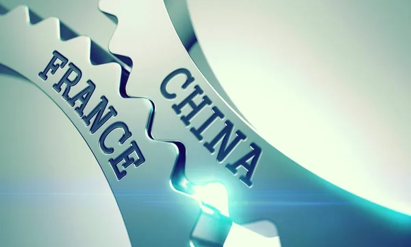 China - França. Mecanismo de engrenagens de metal Cog. 3D . — Fotografia de Stock