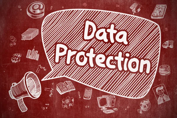 Data Protection - Cartoon Illustration on Red Chalkboard.