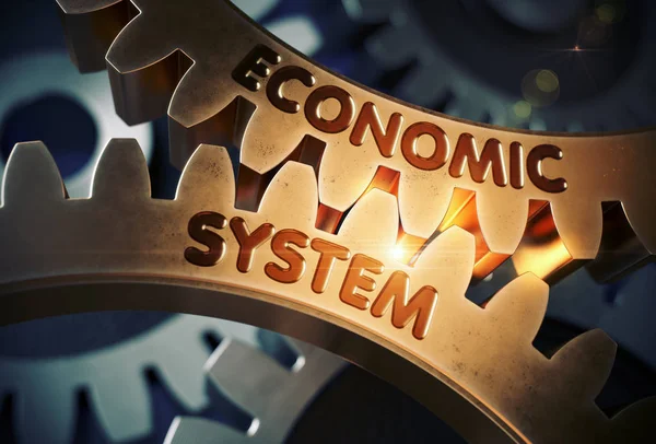 Pojem hospodářský systém. Zlaté ozubená kola. 3D obrázek. — Stock fotografie