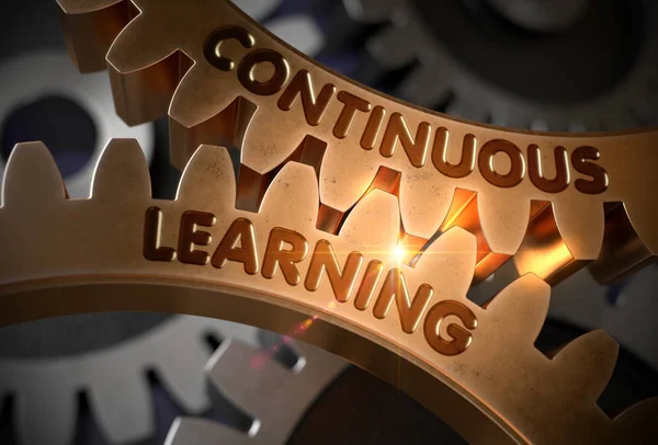 Continuous Learning on Golden Cog Gears. 3D Illustration. — Stock Photo, Image