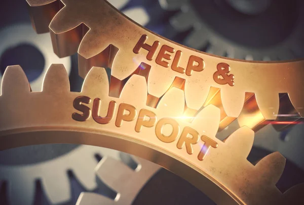 Help en ondersteuning op gouden Gears. 3D illustratie. — Stockfoto