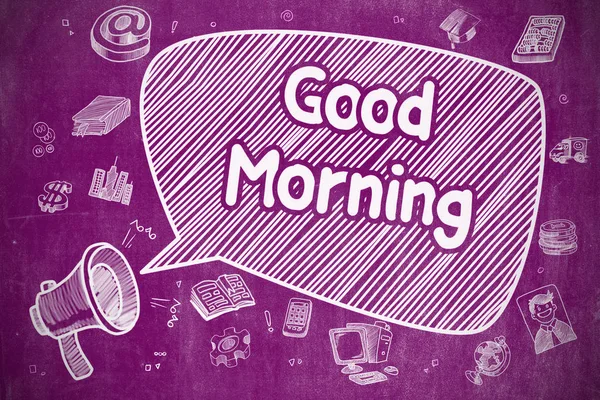Buenos días - Ilustración de Doodle en pizarra púrpura . — Foto de Stock