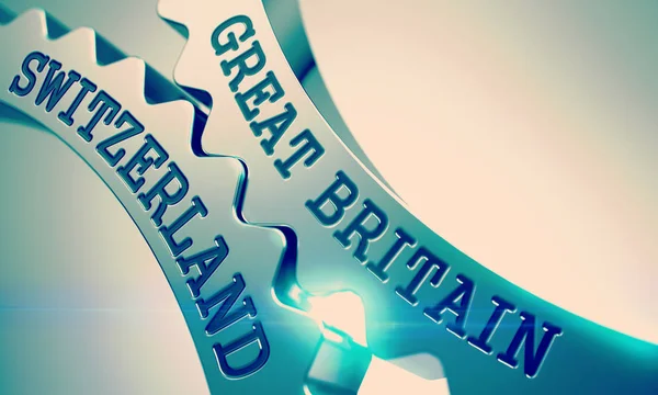 Great Britain Switzerland - Mechanism of Shiny Metal Gears. 3D. — Stock Photo, Image