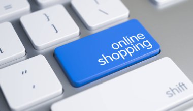Online alışveriş - metin üstünde belgili tanımlık mavi klavye düğme. 3D.