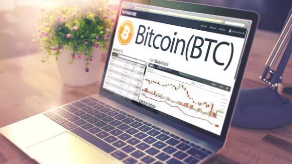 Bitcoin en la pantalla del ordenador portátil. Concepto criptomoneda. 3D . — Foto de Stock