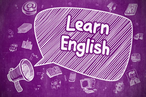 Learn English - Cartoon Illustration on Purple Chalkboard. — Stock Photo, Image