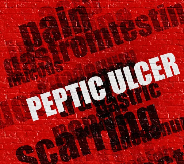Concepto de medicina: úlcera péptica en la pared de ladrillo rojo  . — Foto de Stock