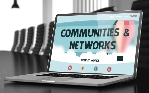 Comunidades y redes en el portátil en la sala de reuniones. 3d — Foto de Stock