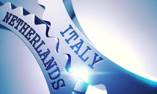 Italie Pays-Bas - Mécanisme des engrenages métalliques brillants. 3D . — Photo