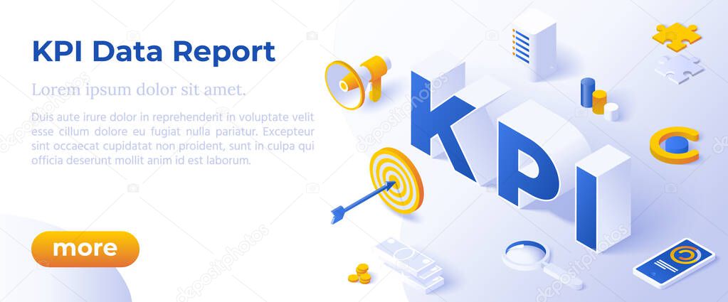 KPI Data Report, Measure Marketing Campaign. Isometric Vector Banner.