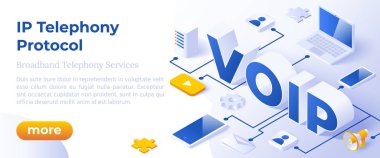Voip Ip Telefon Hizmetleri - Isometric Vektör İllüstrasyonu.
