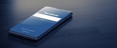 Kyiv, Ukrayna-Ocak 2020: Cep telefonu ekranında Facebook. 3d.Sosyal Uygulama Konsepti