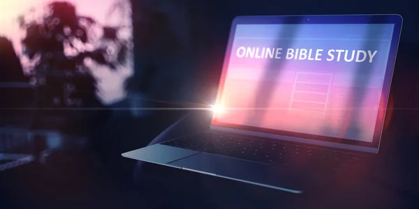 Personligt tillväxtkoncept. Bibelstudier online på laptop. 3d. — Stockfoto