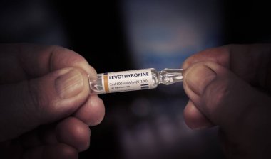 KYIV, UKRAINE-DECEMBER, 2019: Injection of Levothyroxine Medical Glass Ampoule.