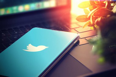 KYIV, UKRAINE-JANUARY, 2020: Akıllı Telefon Ekranında Twitter. Üç Boyut.