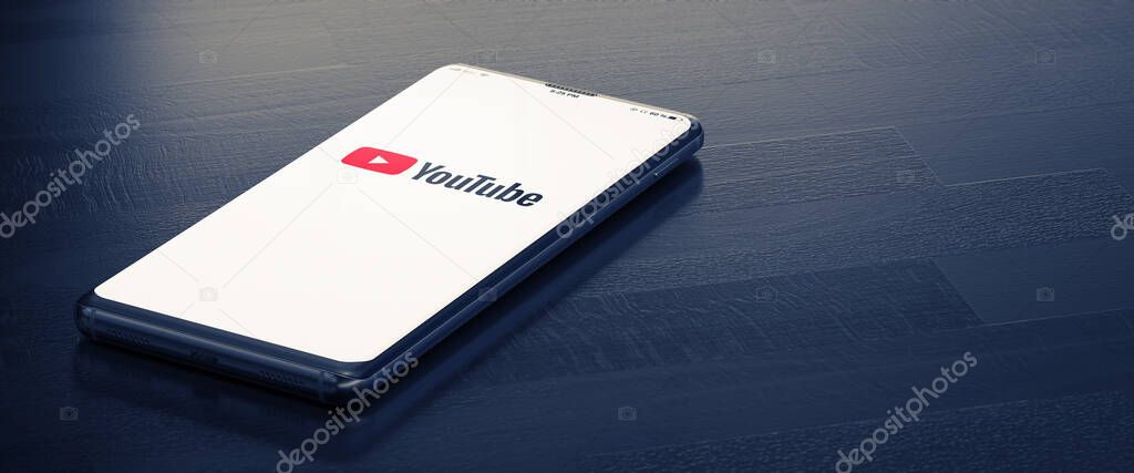 KYIV, UKRAINE-JANUARY, 2020: Youtube on Cellphone Screen. Youtube - Most Popular Messenger for Communication Between People in Internet. 3D Render.