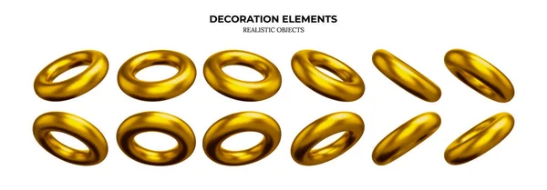 Set Torus Realista Donut Metal Dorado Formas Geométricas Bagel Oro — Vector de stock
