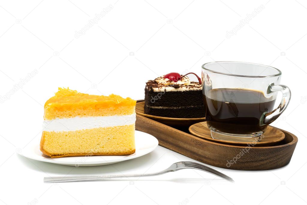 Chiffon cake in a white plate and a cup of coffee with chocolate