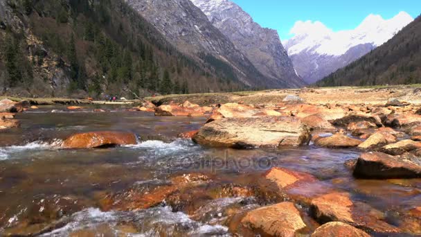 Vista do rio e da montanha no Parque Nacional Siguniang — Vídeo de Stock