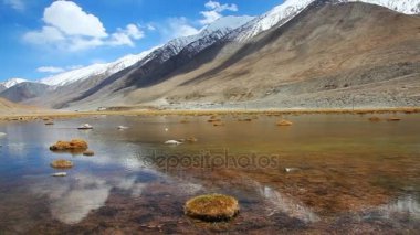 Güneşli gün kar dağ ve göl temiz su Ladakh, Hindistan