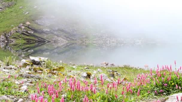 视图的冰川湖泊包围了七山峰与花和雾在 Hemkund 大人的锡克教堂和朝圣地点在喜马拉雅 Chamoli 区北阿坎德邦印度 — 图库视频影像