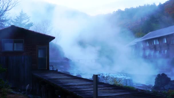 Vista Matutina Las Aguas Termales Tamagawa Tamagawa Onsen Otoño Flujo — Vídeo de stock
