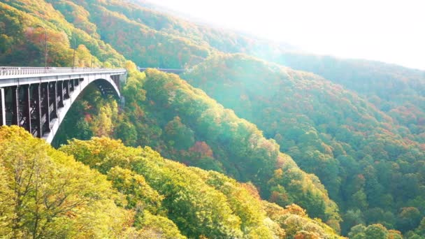 Kilátás Jogakura Hídra Napfényben Gyönyörű Hegyre Színes Lombozatra Ősszel Towada — Stock videók