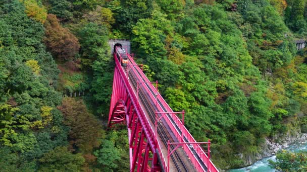 Вид Туристичні Поїзди Виходить Тунелю Біжить Червоному Мосту Ущелині Корубе — стокове відео