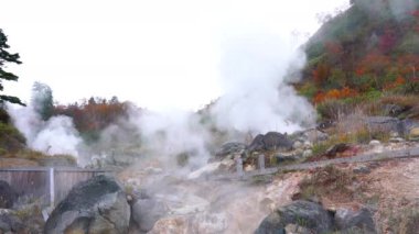 Japonya 'nın Akita ilindeki Towada Hachimantai Ulusal Parkı' ndaki Fuke no Yu onsen dağındaki renkli yapraklarla sonbaharda kayalık bölgeyi kaplayan beyaz buhar akıntısı,.
