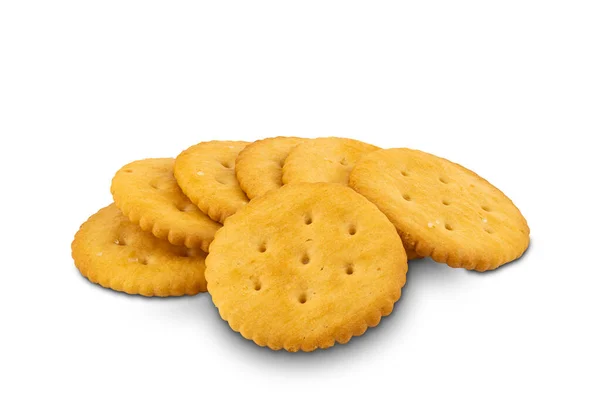 Stapel Crunchy Ronde Crackers Witte Achtergrond Met Clipping Pad — Stockfoto