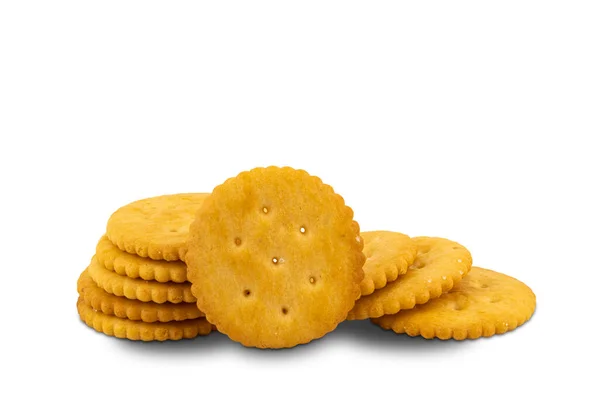 Stapel Vers Gebakken Crunchy Ronde Crackers Witte Achtergrond Met Clipping — Stockfoto