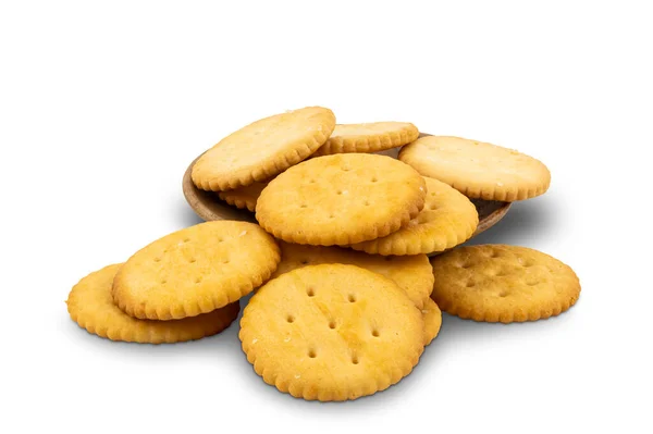 Pile Crackers Wooden Plate White Background Clipping Path — Stock Photo, Image