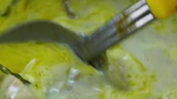 Closeup view of woman stir thai food green curry with chicken by a metal ladle in a pot. — Stock Footage Closeup View Woman Stir Thai Food Green Curry Chicken Metal Royalty Free Stock Footage