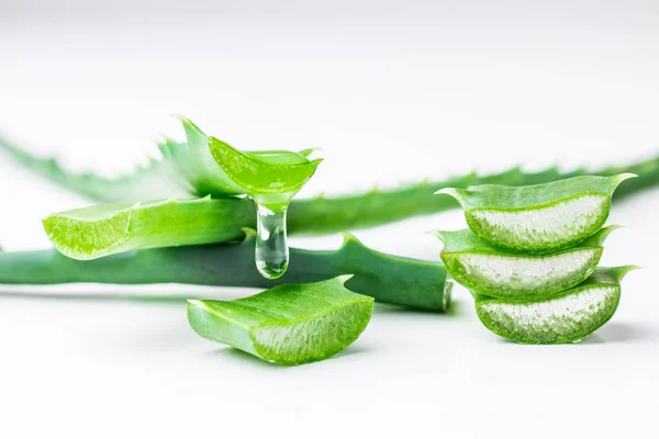 Daun Vera Aloe Tutup Dengan Jus Mengalir Latar Belakang Putih — Stok Foto