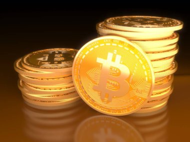 Altın bitcoin simgeleri reflecti siyah zemin üzerine yığını