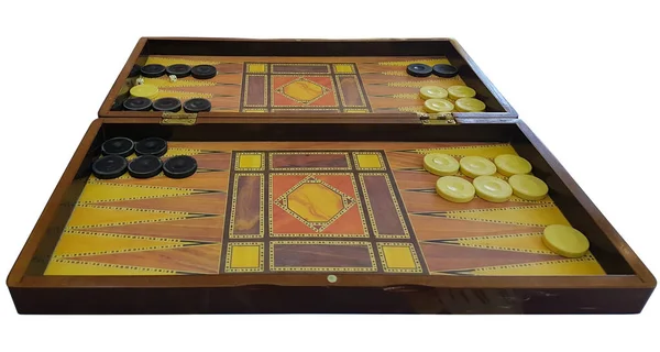 Stary stół drewniany backgammon na białym tle — Zdjęcie stockowe