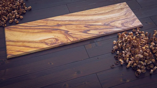 Olijf houten plank op parket met houtkrullen 3d afbeelding c — Stockfoto