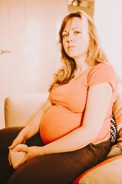 Pregnant woman sitting on the sofe — Stock Photo, Image