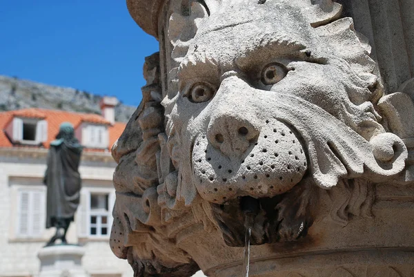 Fuente con un león en la ciudad vieja de Dubrovnik — Foto de Stock