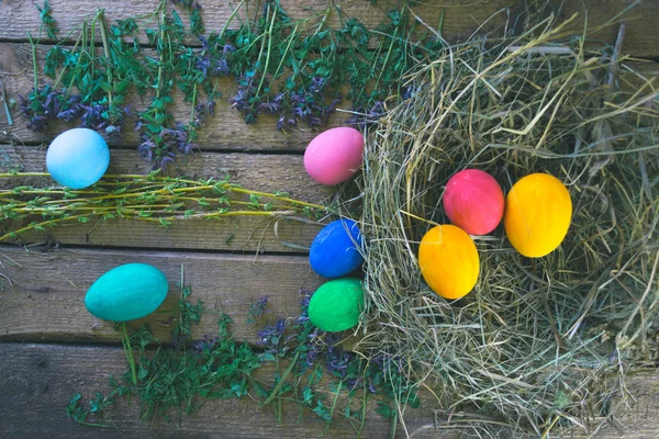 Multi-colored Easter eggs on a wooden background in the nest. — Stock Photo, Image