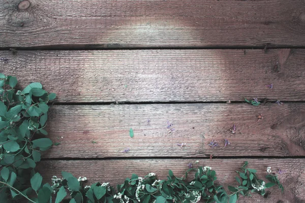 Rami di Spiraea su uno sfondo di legno . — Foto Stock