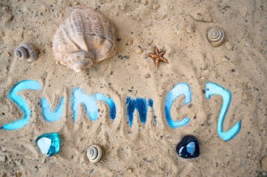 Güneşli kumlu bir plaj üzerinde yazıt yaz.