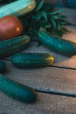 Ahşap arka plan üzerinde bahçesinden taze salatalık.