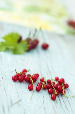 Çilek kırmızı kuş üzümü yaz vitaminler arka plan mavi kırpmak.