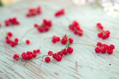Çilek kırmızı kuş üzümü yaz vitaminler arka plan mavi kırpmak.