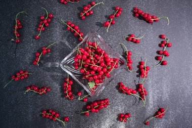 Siyah bir zemin üzerine kırmızı taze kuş üzümü natürmort.