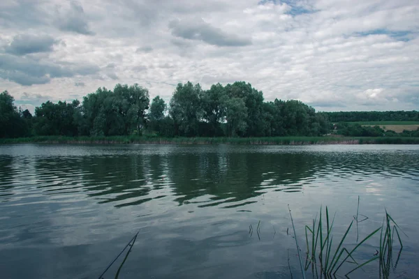 Денна риболовля влітку на ставку . — стокове фото