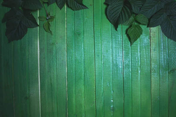 Folhas verdes em um fundo de textura de madeira . — Fotografia de Stock