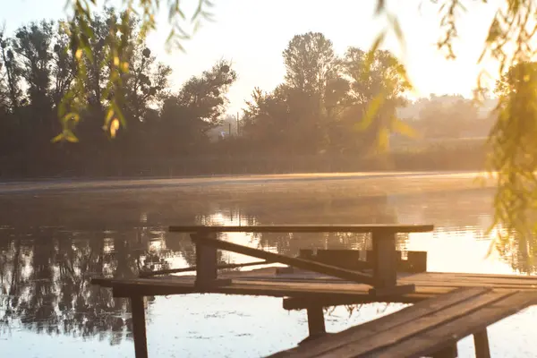 Letní Slunečné ráno u rybníka v obci. — Stock fotografie