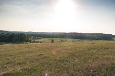 Yaz güneşli manzara şehir dışında gün batımında.